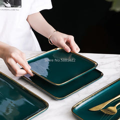 Tableware Green Ceramic Dinner Set Gold Inlay Porcelain Dessert Plate