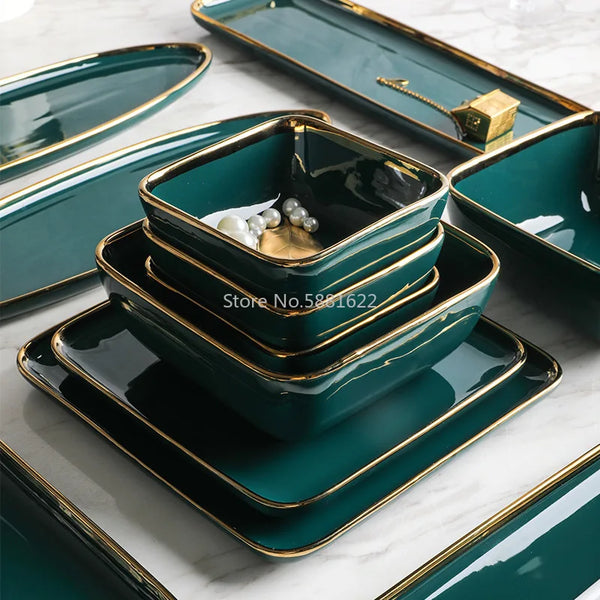 Tableware Green Ceramic Dinner Set Gold Inlay Porcelain Dessert Plate