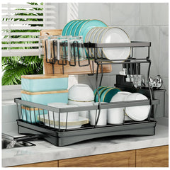 Large 2 tier dish drying rack for kitchen countertops dish draining rack