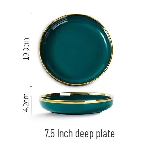 Gold Edging Green Porcelain Plates Food Dinner Set Dishes Salad Soup Bowl