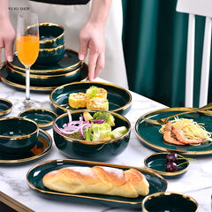 Gold Edging Green Porcelain Plates Food Dinner Set Dishes Salad Soup Bowl