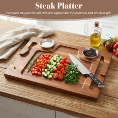 Acacia Wood Serving Plate with Grooves Carved Meat Wooden Plate