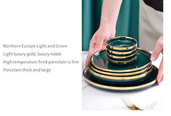 Gold Edging Green Porcelain Plates Food Dinner Set Dishes Salad Soup Bowl