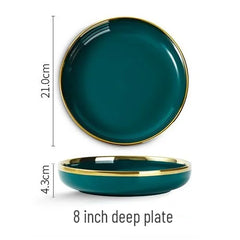 Gold Edging Green Porcelain Plates Food Dinner Set Dishes Salad Soup Bowl