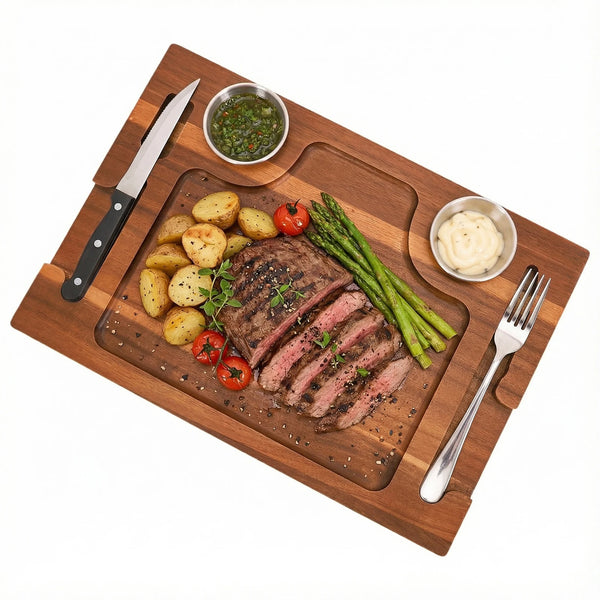 Acacia Wood Serving Plate with Grooves Carved Meat Wooden Plate