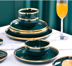 Gold Edging Green Porcelain Plates Food Dinner Set Dishes Salad Soup Bowl
