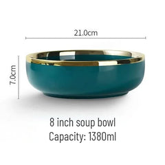 Gold Edging Green Porcelain Plates Food Dinner Set Dishes Salad Soup Bowl