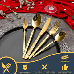Gold Silverware Set Hammered Stainless Steel Flatware Cutlery Set