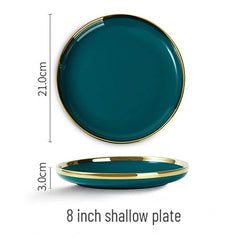Gold Edging Green Porcelain Plates Food Dinner Set Dishes Salad Soup Bowl