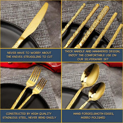 Gold Silverware Set Hammered Stainless Steel Flatware Cutlery Set