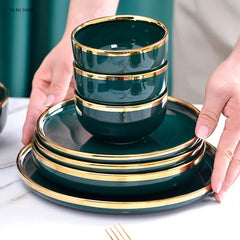 Gold Edging Green Porcelain Plates Food Dinner Set Dishes Salad Soup Bowl