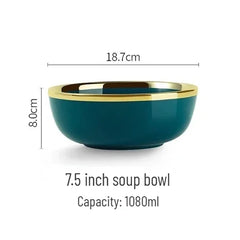 Gold Edging Green Porcelain Plates Food Dinner Set Dishes Salad Soup Bowl