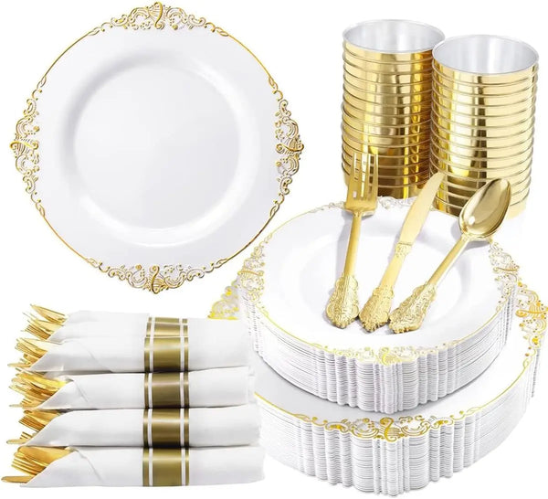 Gold Plastic Dinnerware Set for Guests Disposable set Napkins for Wedding
