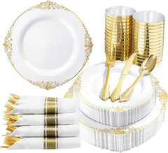 Gold Plastic Dinnerware Set for Guests Disposable set Napkins for Wedding