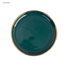 Gold Edging Green Porcelain Plates Food Dinner Set Dishes Salad Soup Bowl