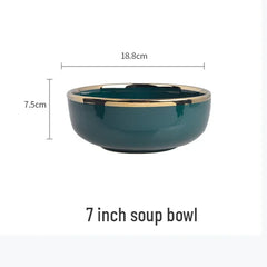 Gold Edging Green Porcelain Plates Food Dinner Set Dishes Salad Soup Bowl