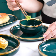 Gold Edging Green Porcelain Plates Food Dinner Set Dishes Salad Soup Bowl