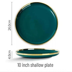 Gold Edging Green Porcelain Plates Food Dinner Set Dishes Salad Soup Bowl