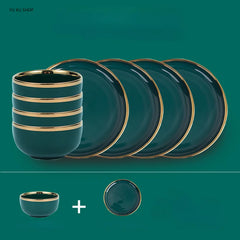 Gold Edging Green Porcelain Plates Food Dinner Set Dishes Salad Soup Bowl
