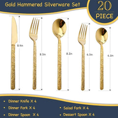 Gold Silverware Set Hammered Stainless Steel Flatware Cutlery Set