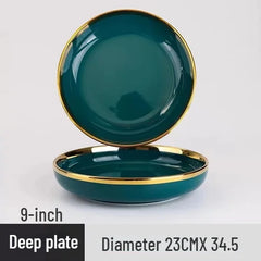 Gold Edging Green Porcelain Plates Food Dinner Set Dishes Salad Soup Bowl