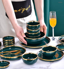 Gold Edging Green Porcelain Plates Food Dinner Set Dishes Salad Soup Bowl