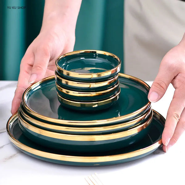 Gold Edging Green Porcelain Plates Food Dinner Set Dishes Salad Soup Bowl