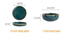 Gold Edging Green Porcelain Plates Food Dinner Set Dishes Salad Soup Bowl