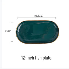 Gold Edging Green Porcelain Plates Food Dinner Set Dishes Salad Soup Bowl
