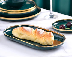 Gold Edging Green Porcelain Plates Food Dinner Set Dishes Salad Soup Bowl