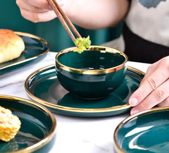 Gold Edging Green Porcelain Plates Food Dinner Set Dishes Salad Soup Bowl