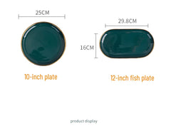 Gold Edging Green Porcelain Plates Food Dinner Set Dishes Salad Soup Bowl