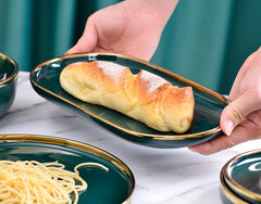 Gold Edging Green Porcelain Plates Food Dinner Set Dishes Salad Soup Bowl