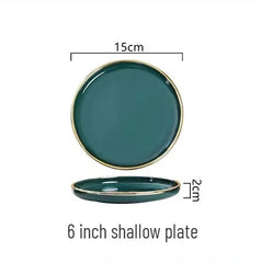 Gold Edging Green Porcelain Plates Food Dinner Set Dishes Salad Soup Bowl