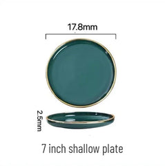 Gold Edging Green Porcelain Plates Food Dinner Set Dishes Salad Soup Bowl