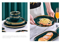 Gold Edging Green Porcelain Plates Food Dinner Set Dishes Salad Soup Bowl