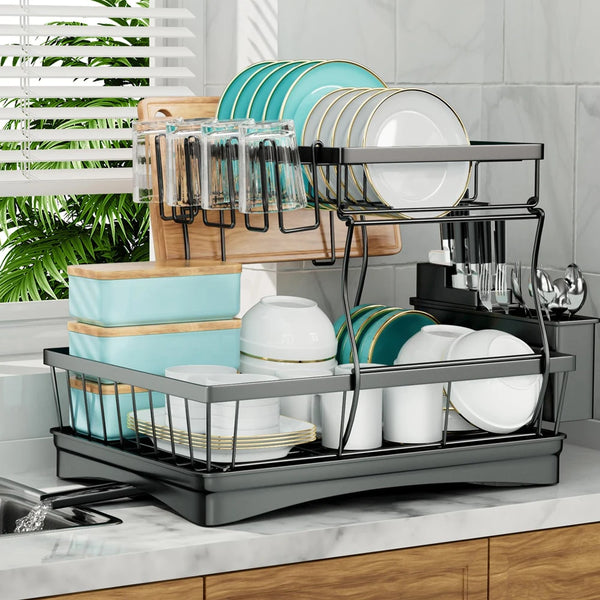 Large 2 tier dish drying rack for kitchen countertops dish draining rack