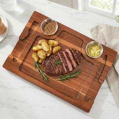 Acacia Wood Serving Plate with Grooves Carved Meat Wooden Plate