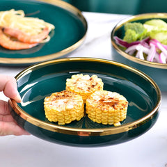 Gold Edging Green Porcelain Plates Food Dinner Set Dishes Salad Soup Bowl